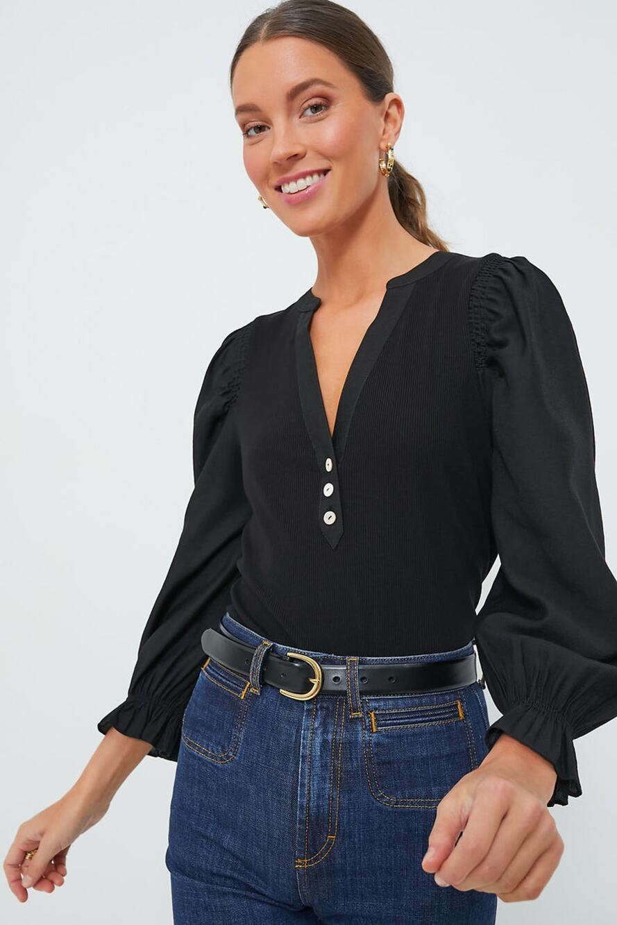 Tuckernuck Black Puff-Sleeve Henley Top